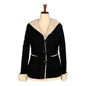 Cabela's Black Hooded‎ Cable Knit Cardigan Cream Trim Toggle Closure Size SP